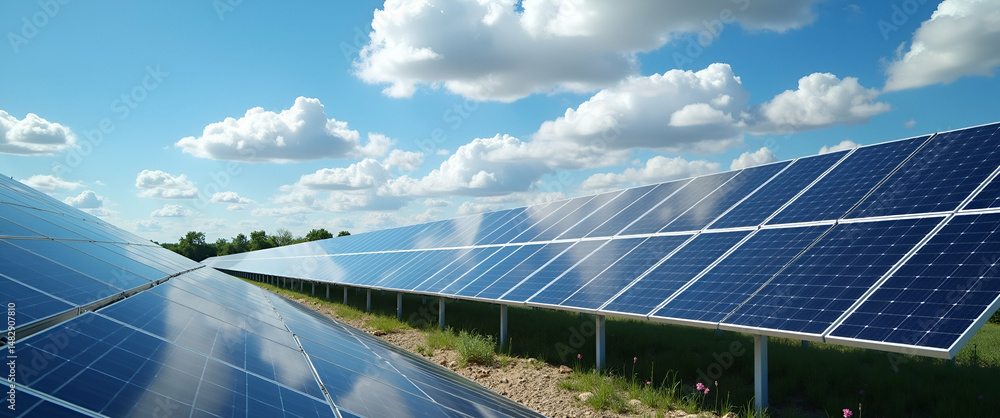 Poster state of art renewable energy center featuring solar panel technology with advanced photovoltaic arr