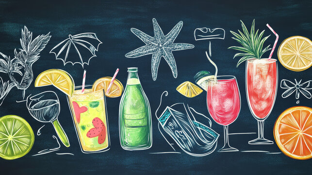 Chalk-style vector art collection themed around summer beach dining and party invitations