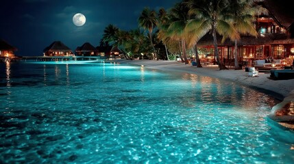 Fototapeta premium Ocean houses light shines on beach under the moonlight