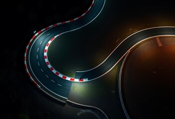 Night aerial view of asphalt race track with sharp curves, curve, night race