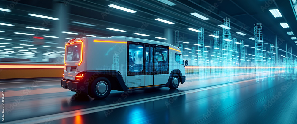 Poster photo realistic double exposure of an automated guided vehicle (agv) with a performance graph symbol