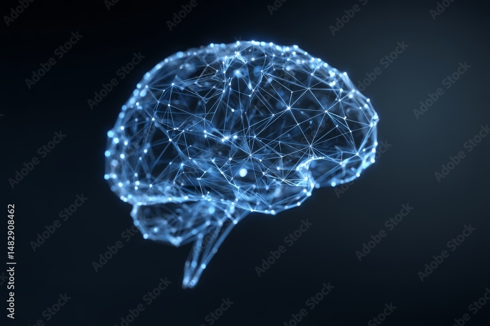 Aufkleber glowing neural network brain symbol made of connected blue light nodes on dark background representi