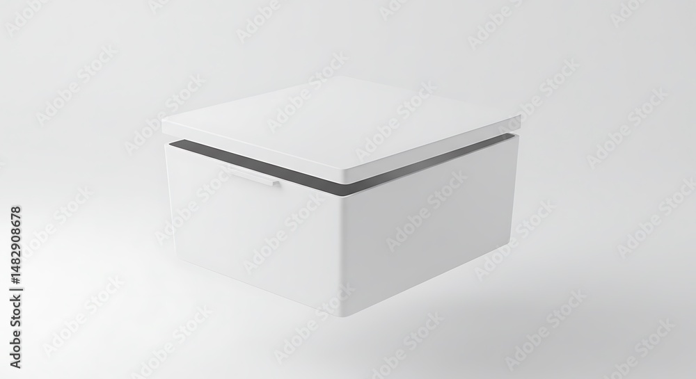 Poster opening white storage box container with lid on plain background