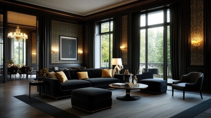 Fototapeta premium Luxurious dark interior living room with gold accents