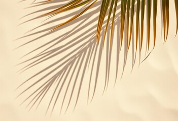 Obraz premium Natural palm leaf shadow cast on light beige sand Summer minimal concept, top view, sand