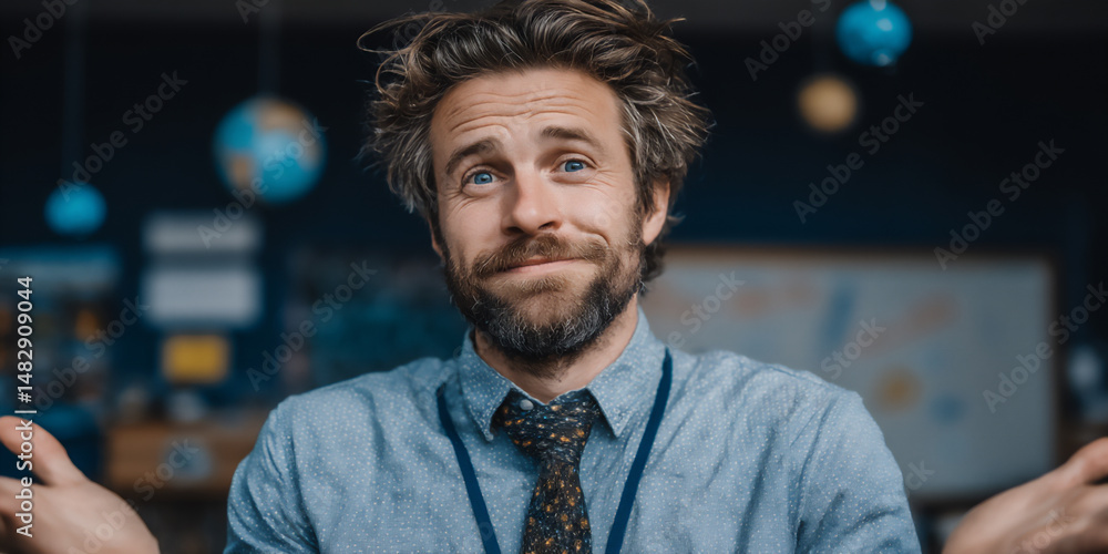 Poster bright and professional photograph of a science teacher holding a model of the solar system while ex