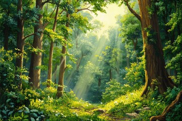 Obraz premium Sunlight streams through a dense forest with lush green foliage and tall trees
