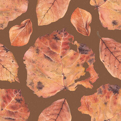 Elegant hand drawn pattern design with illustrations of fallen leaves. Perfect for home textile, wallpapers, fabrics, apparel, packaging design, stationery and other printed goods