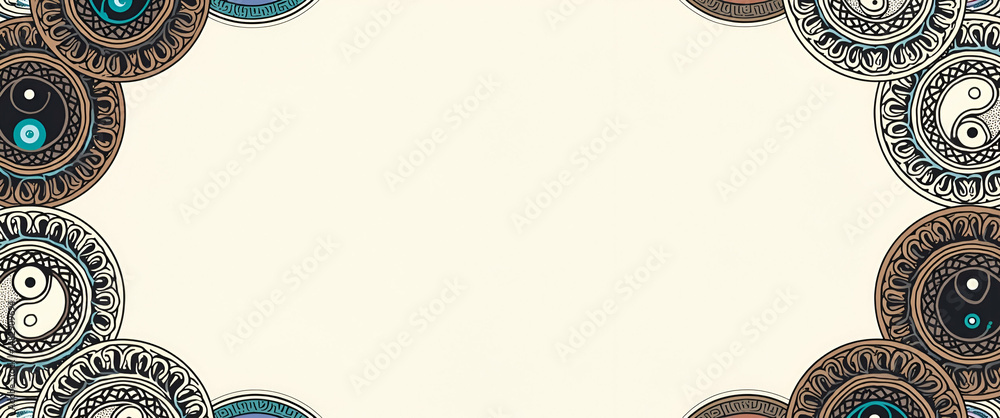 Poster yin yang and mandala patterns border frame with copy space for world philosophy day - harmony concep