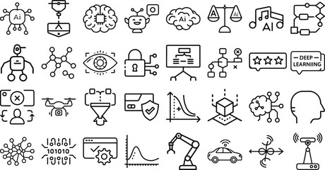 Obraz premium Vector icon set Artificial Intelligence , machine learning, smart robotic, Neural Network, Robotic Arm, Self-Driving Ca, AI Brain Chip, Computer Vision of different professions on white background