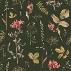 Elegant hand drawn pattern design with illustrations of dried herbs, leaves and flowers. Perfect for home textile, wallpapers, fabrics, apparel, packaging design, stationery and other printed goods