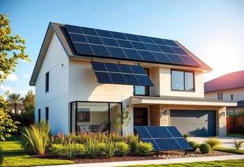 Modern suburban home with sleek black solar panels harvesting sunlight,  zonnepanelen,  dark