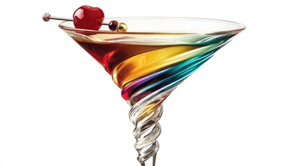 A close-up view of a cocktail in a stylish martini glass, featuring amber-colored liquid with a glossy surface.