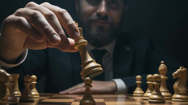 Focused bearded man in a suit makes a decisive king move on a chessboard under dramatic lighting, symbolizing strategic thinking, competition, and business decision-making processes