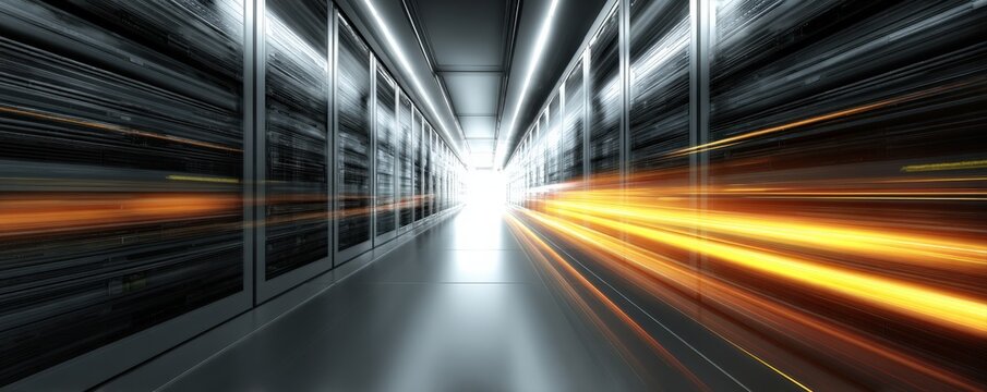 A high-speed view inside a modern data center with glowing light trails symbolizing fast data transfer and connectivity. - Powered by Adobe