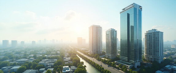 Photo realistic as Top view of a city with overlay of energy efficient buildings symbolizing sustainable architecture in double exposure with copy space. concept as A top view of a city blended with e