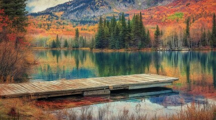 A serene landscape featuring a calm lake surrounded by majestic mountains.