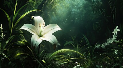 A cluster of white, bell-shaped flowers blooms atop a tall green stalk, surrounded by long, narrow sword-like leaves.