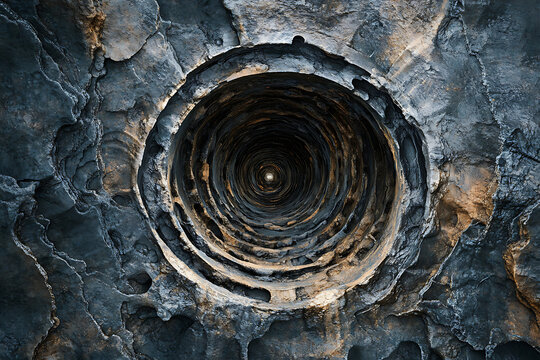 Looking up inside a deep well with rough stone walls and a distant light at the bottom of the hole