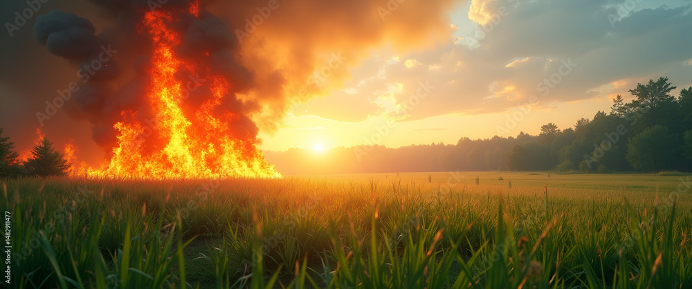 Poster photo realistic as wildfire and green meadow concept as a view showing a wildfire and a green meadow