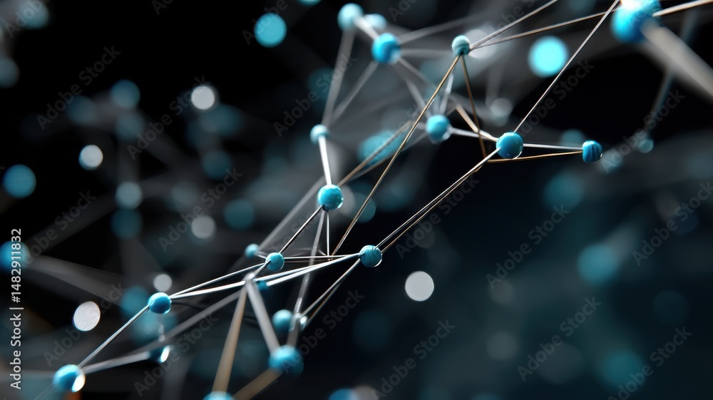 Poster abstract network of blue and white connected nodes and lines, representing data, technology, or mole