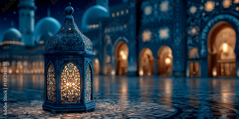 Poster mystical 3d rendering illustration featuring a glowing ramadan lantern in front of a grand mosque wi