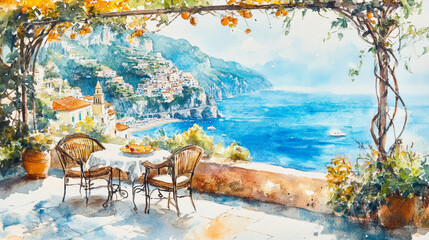 Hand-painted watercolor of a romantic breakfast scene on Italy&acirc;&euro;&trade;s Amalfi Coast