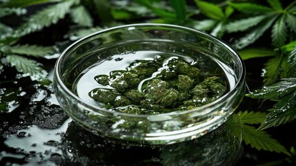 A clear glass bowl filled with large, densely packed cannabis buds featuring a mix of green and orange hues, sitting against a white background.