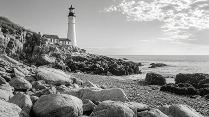 Rocky shoreline with large gray boulders scattered across the foreground, leading towards a small, grassy island.
