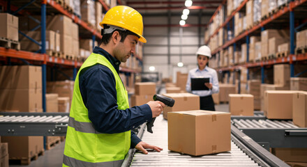 Warehouse operations industrial facility employee scanning packages busy environment close-up perspective logistics efficiency