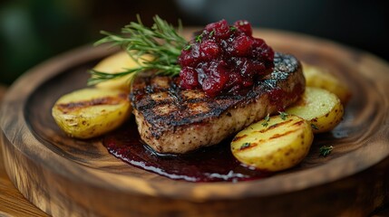 A beautifully plated dish featuring a large, juicy pork chop topped with a glossy berry sauce and fresh cranberries.