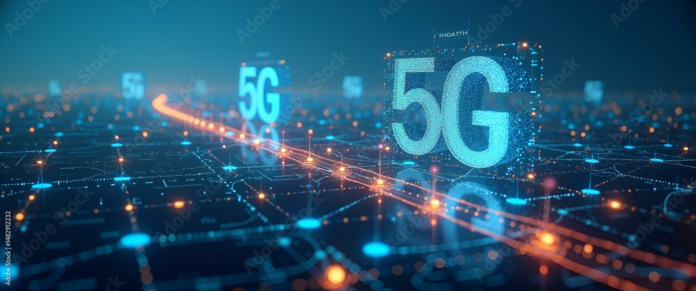 Poster modern 5g network deployment captured in a photo stock image emphasizing strategic installation robu