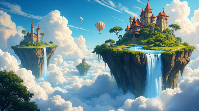 Fantasy Castle on Floating Island with Waterfalls and Hot Air Balloons