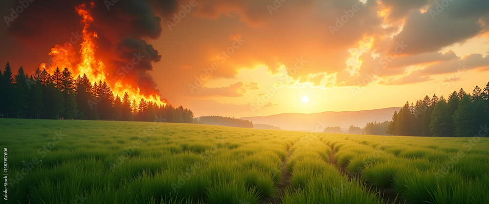 Poster photo realistic as wildfire and green meadow concept as a view showing a wildfire and a green meadow