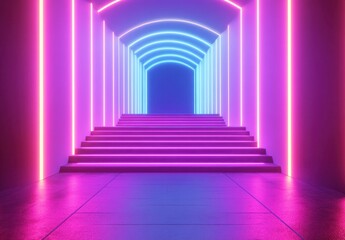 Obraz premium Vibrant Neon Tunnel with Stairs and Colorful Light Effects