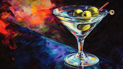 Close-up of a martini glass filled with a clear cocktail, featuring two green olives with red pits at the bottom.