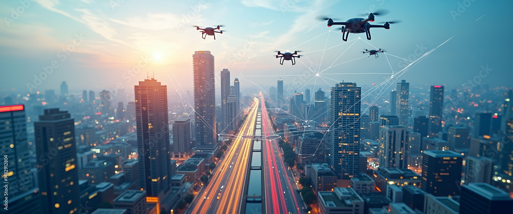 Poster photo realistic as top view of a city with drone paths overlay symbolizing futuristic delivery in do