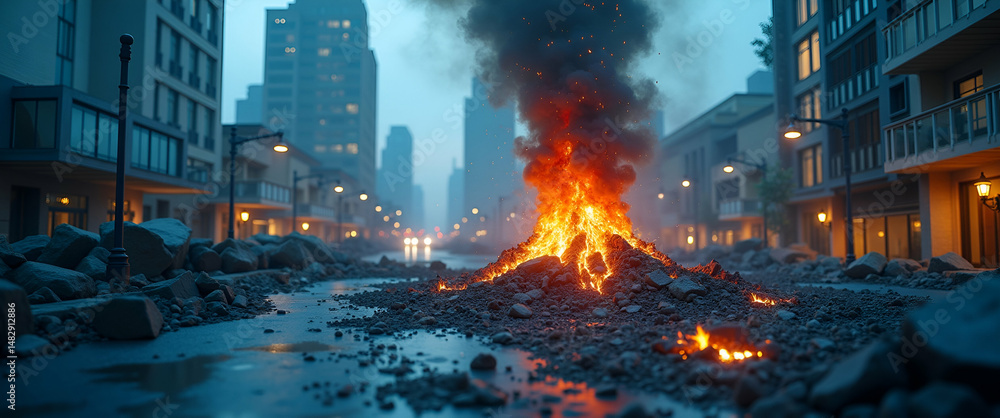Poster exhibit refined visuals of an earthquake disaster simulation that demonstrate realistic crisis scena