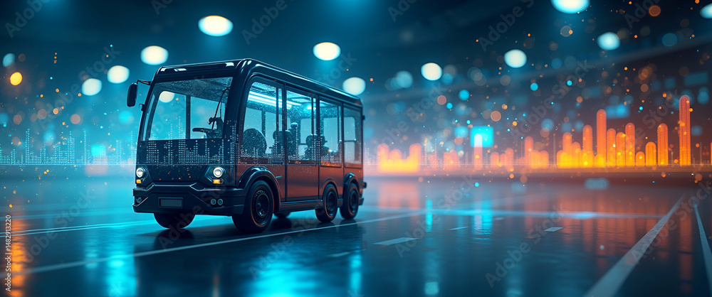Poster photo realistic double exposure of an automated guided vehicle (agv) with a performance graph symbol
