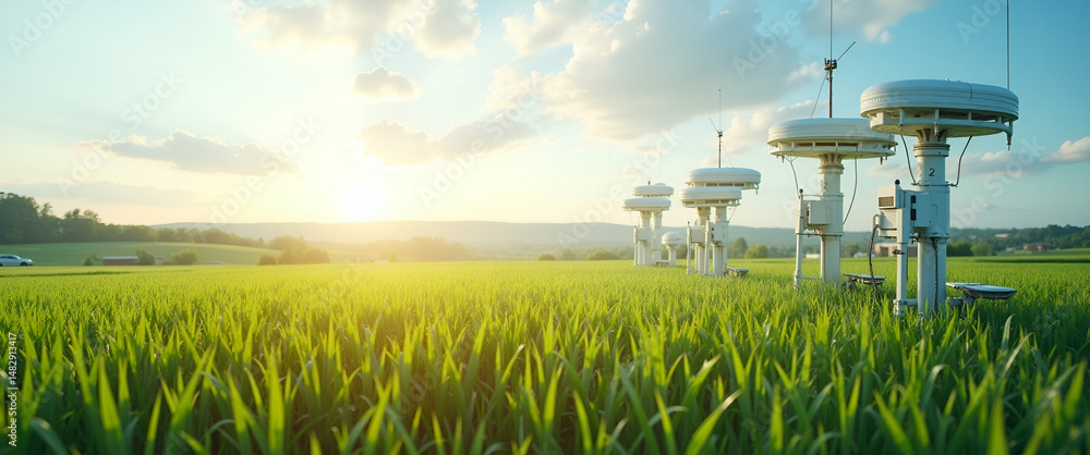 Poster photo realistic top view of a field with automated weather stations overlay, symbolizing smart clima