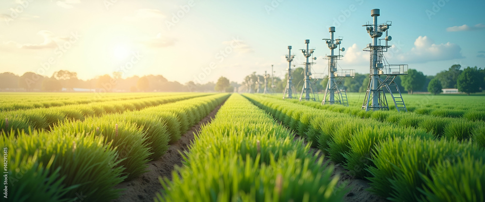 Aufkleber photo realistic top view of a field with automated weather stations, symbolizing smart climate monit