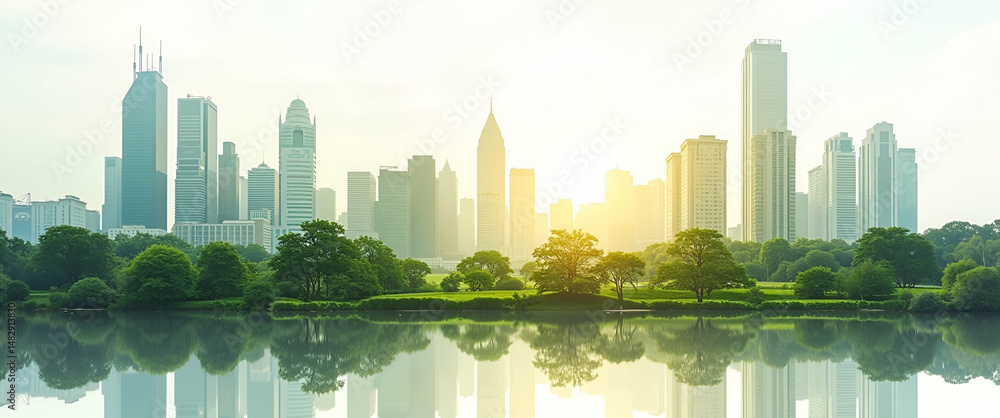 Poster photo realistic as top view of a city with overlay of green spaces symbolizing sustainable urban pla