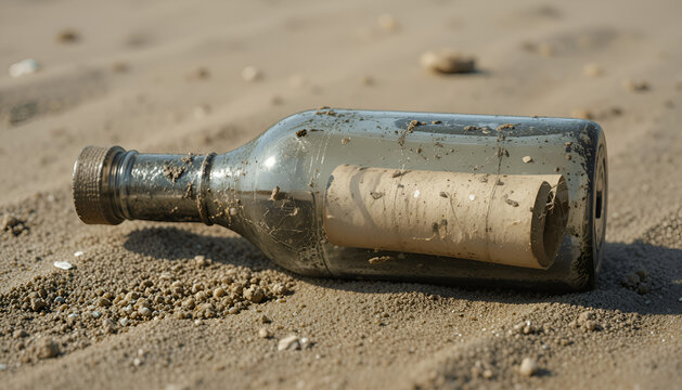 An old, dirty glass bottle with a wooden cork, containing a secret rolled-up paper, lying on the sandy shore of a beach