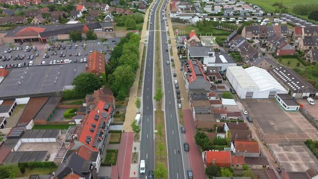 Top-Down View of Modern Nati&euml;nlaan Road with Traffic in Knokke | FlyLens 4K