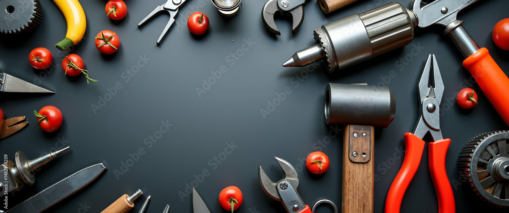 Poster visual guide: expertly organized practical tools showcasing efficiency and craftsmanship in action -