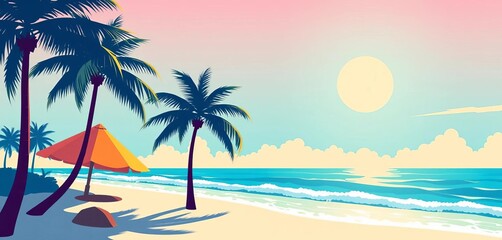Obraz premium Minimalist summer beach vacation vector illustration Palm trees, sun, ocean waves, vibrant colors, relax, tropical