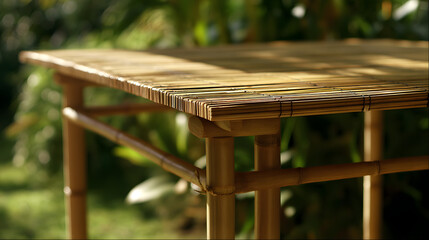 A wooden table with bamboo legs