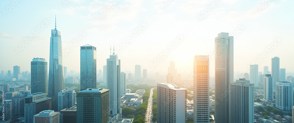 Poster photo realistic as top view of a city with overlay of energy efficient buildings symbolizing sustain