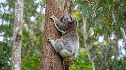 Obraz premium Koala Climbing Tall Tree in Lush Green Australian Forest Environment
