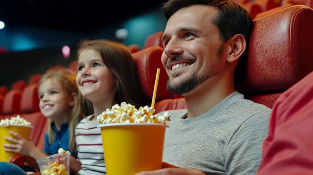 Family enjoying movie time in a cinema, seated in plush red chairs, holding popcorn and drinks, sharing smiles and laughter, creating memorable moments together. Generative 4k video